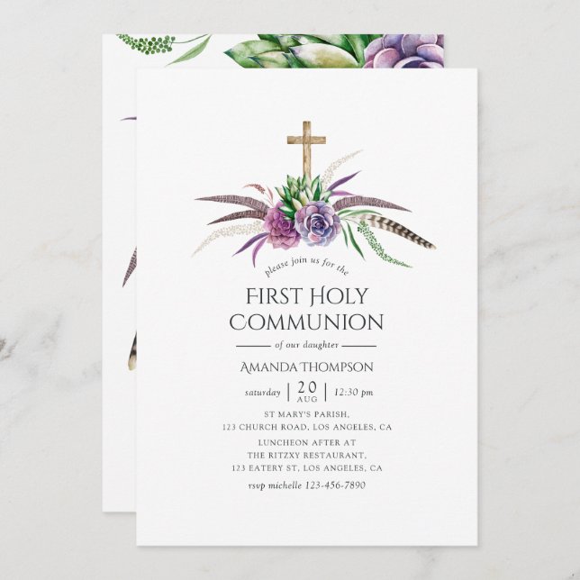 Convite Mystical Boho Succulents Primeira Comunhão Sagrada (Frente/Verso)