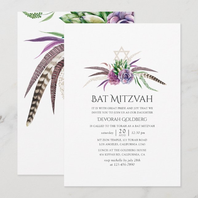 Convite Mystical Boho Suculentas Bat Mitzvah (Frente/Verso)
