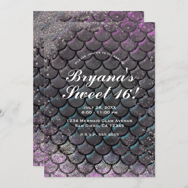 Convite Mystical Pink Silver Glitter Sereia Sweet 16 (Frente/Verso)