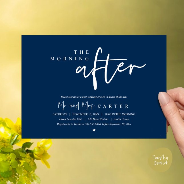 Convite Na manhã seguinte, poste a celebração do brunch do (The Morning After, Post Wedding Brunch Invitation Card PDF Beautiful Summer Classy Navy Blue)
