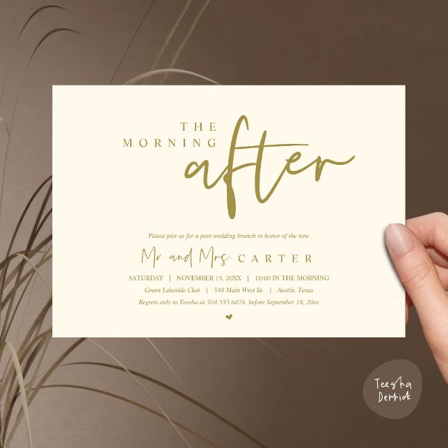 Convite Na manhã seguinte, poste a celebração do brunch do (The Morning After, Post Wedding Brunch Invitation Card PDF Beautiful Summer Yellow Gold)