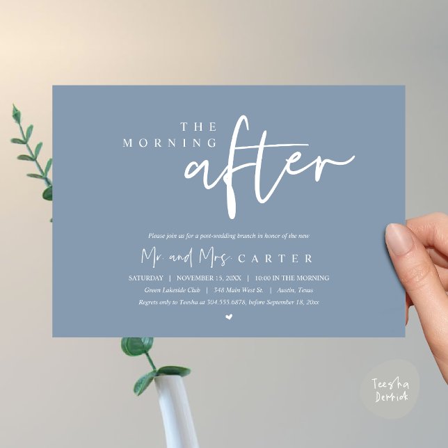 Convite Na manhã seguinte, poste a celebração do brunch do (The Morning After, Post Wedding Brunch Invitation Card PDF Beautiful Summer Dusty Blue)