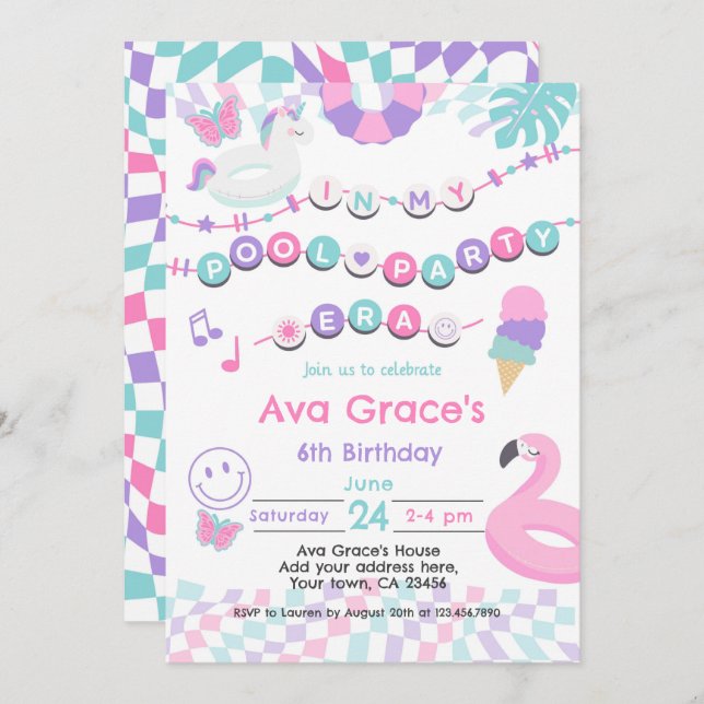 Convite Na minha Festa de aniversário da Festa Piscina (Frente/Verso)