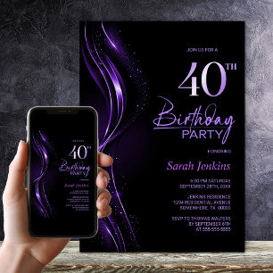 Convite Na moda, aniversário de 40 anos preto e roxo