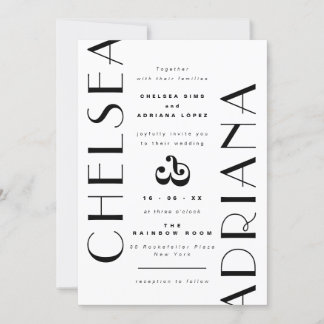 Convite Na moda Art Deco Tipografia Negra Casamento Branco