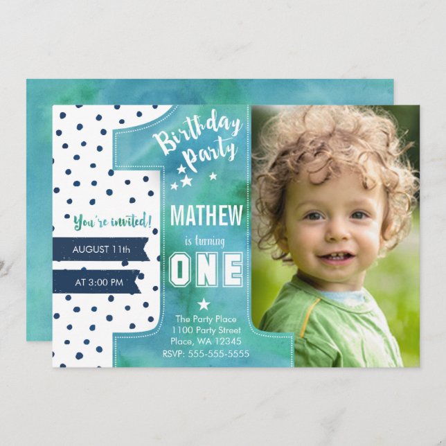 Convite Na Moda | Azul | Aquarela | Primeiro aniversário | (Frente/Verso)