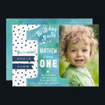 Convite Na Moda | Azul | Aquarela | Primeiro aniversário |<br><div class="desc">Convidado de tendências para seu garotinho que envelhece um ano,  com um grande em aquarela e em fundo de pontos</div>