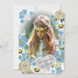 Convite Na moda Azul e verde Primeira Comunhão Sagrada Flo