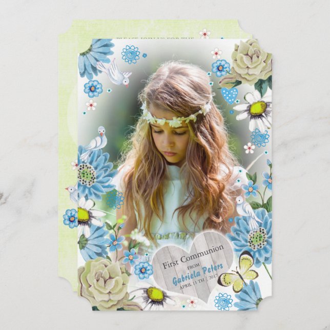 Convite Na moda Azul e verde Primeira Comunhão Sagrada Flo (Frente/Verso)