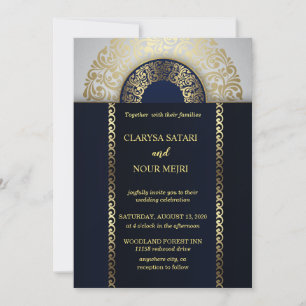 Convite Na moda azul-ouro, padrão geométrico casamento