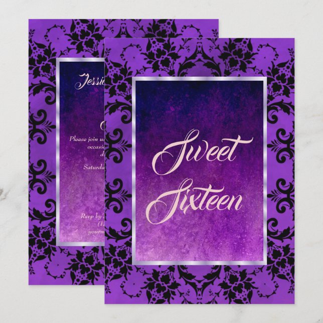 Convite Na moda Black Damask & Gothic Purple Sweet 16 (Frente/Verso)