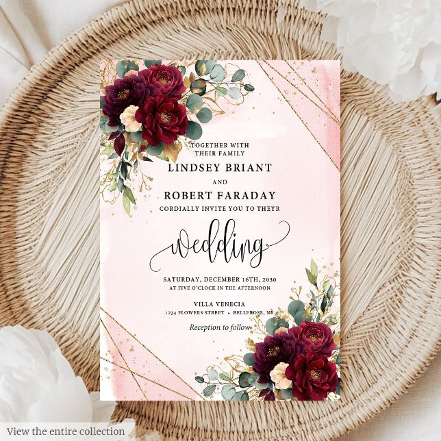 Convite Na moda Boho Marsala Dourado Casamento de Flores E (Stylish Boho Marsala Gold Blush Flowers Wedding Invitation)