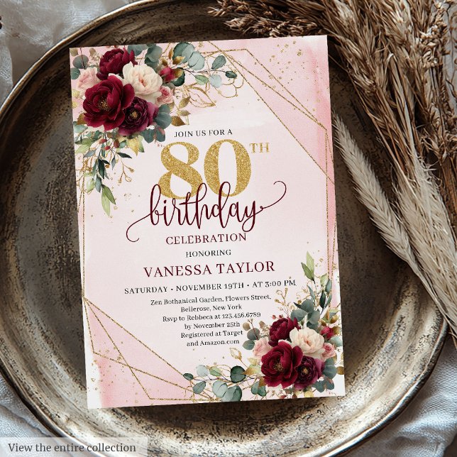 Convite Na moda Boho Marsala Dourado Flores 80 de Aniversá (Stylish Boho Marsala Gold Flowers 80th Birthday Invitation)
