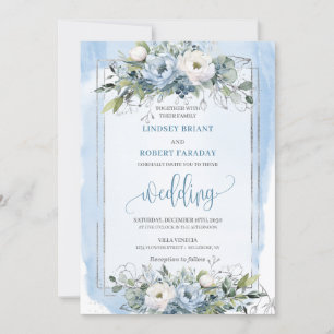 Convite Na moda Boho Pastel Blue Silver Peonies Casamento
