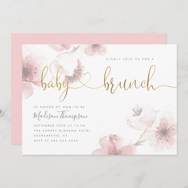 Convite Na moda Cherry Blossom Dourado Bebê Chá Brunch (Frente/Verso)