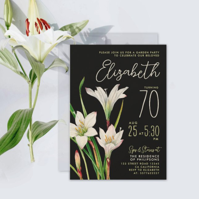 Convite Na moda Chic Black White Lily 70 Birthday Floral (Criador carregado)