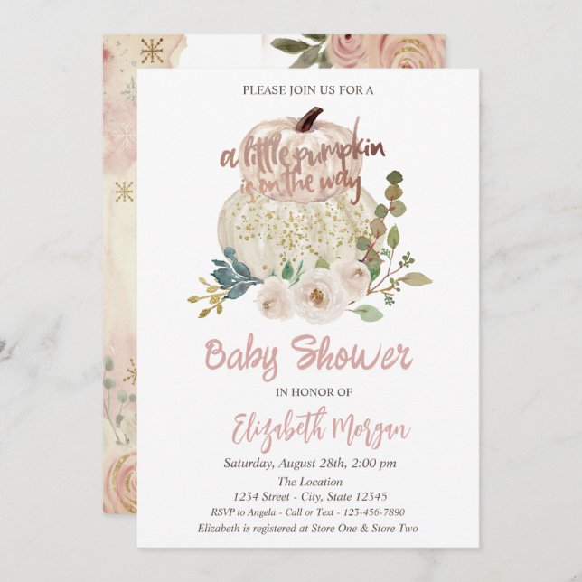 Convite Na moda Chic Pumpkin,Chá de fraldas Flores (Frente/Verso)