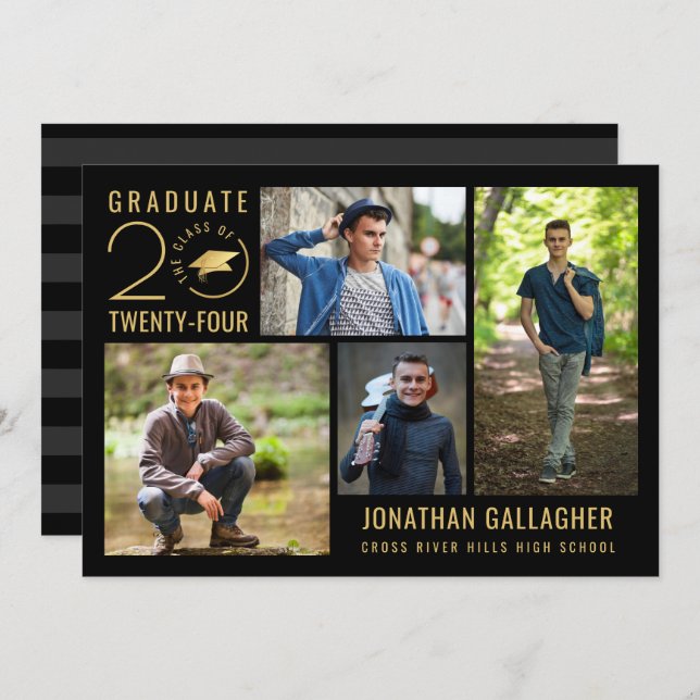 Convite Na moda Classe Ano 4 Foto Preta Dourada (Frente/Verso)