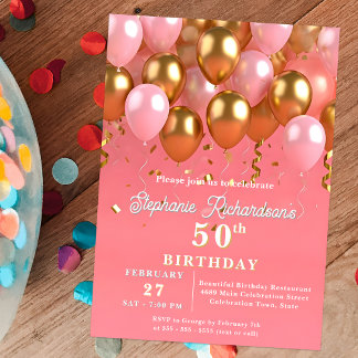 Convite Na moda, cor-de-rosa e balões Dourados, 50º aniver