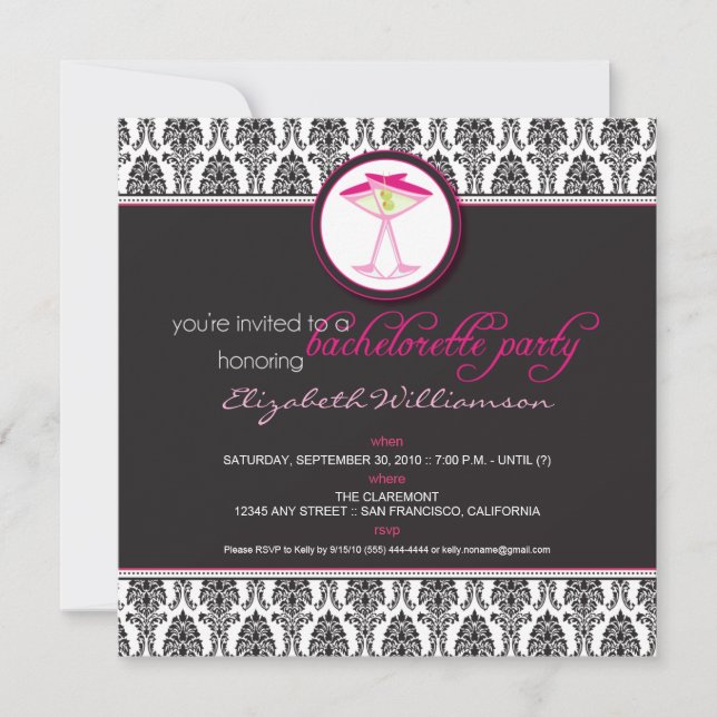 Convite Na moda Damask Bachelorette Invite (rosa) (Frente)