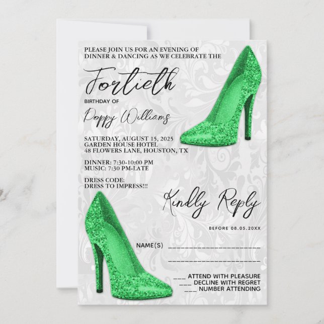 Convite Na moda Damask, Green Stilettos aniversário de 40  (Frente)
