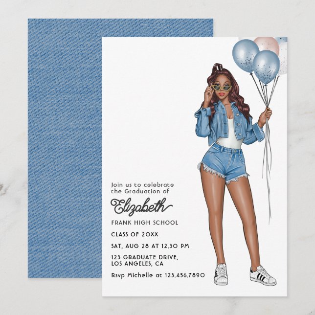 Convite Na moda Denim Girl com Festa de formatura de balõe (Frente/Verso)