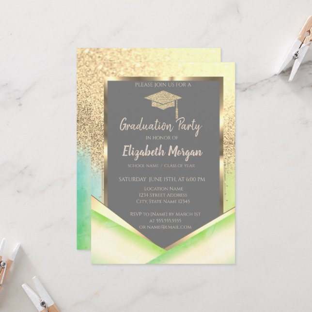 Convite Na moda Dourado Boné de formatura brilhante verde (Frente/Verso In Situ)