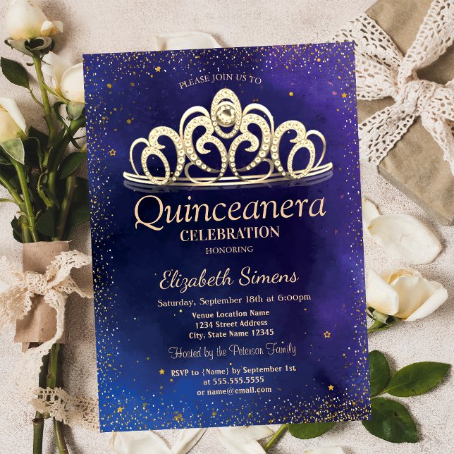 Convite Na moda Dourado Confetti Diamond Tiara Quinceañera (Criador carregado)