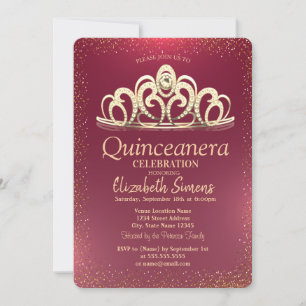 Convite Na moda Dourado Confetti Tiara Burgundy Quinceañe