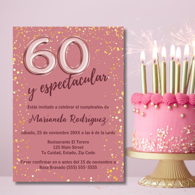 Convite Na moda Elegante Rosa Dourado 60º aniversário Espa (Criador carregado)