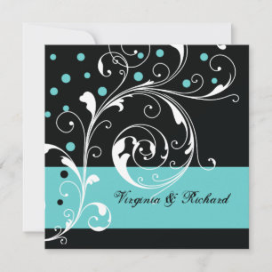 Convite Na moda floral preto, casamento aqua