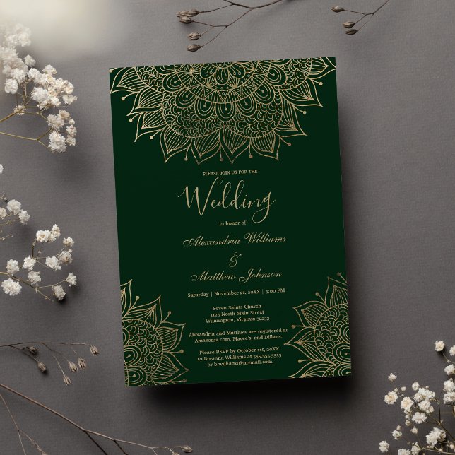 Convite Na moda floresta verde ouro floral mandala Casamen (Stylish forest green gold floral mandala Wedding)