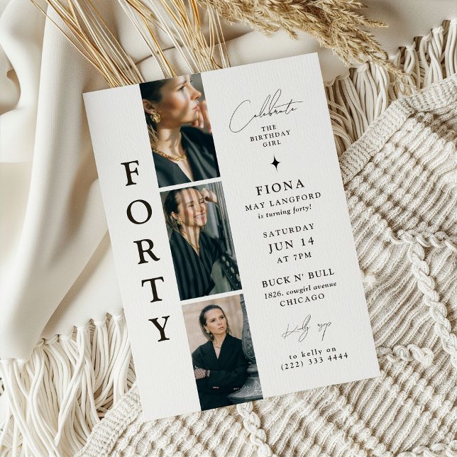 Convite Na moda FORTY Photo Strip aniversário de 40 anos (Criador carregado)
