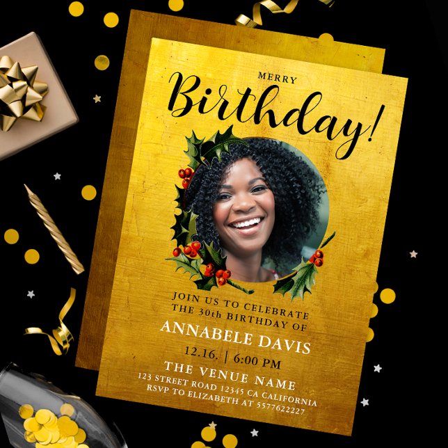 Convite Na moda Glam Dourada Foto de aniversário do Wreath (Criador carregado)