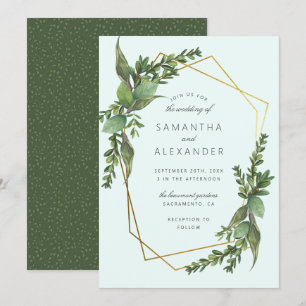 Convite Na moda Greenery Mint e Dourado Casamento Geométr