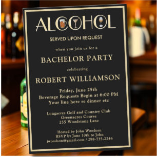 Convite Na moda Humor, Black & Dourado Bachelor