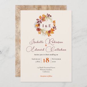 Convite Na moda Iniciais Rustic Brown Fall Wreath Casament
