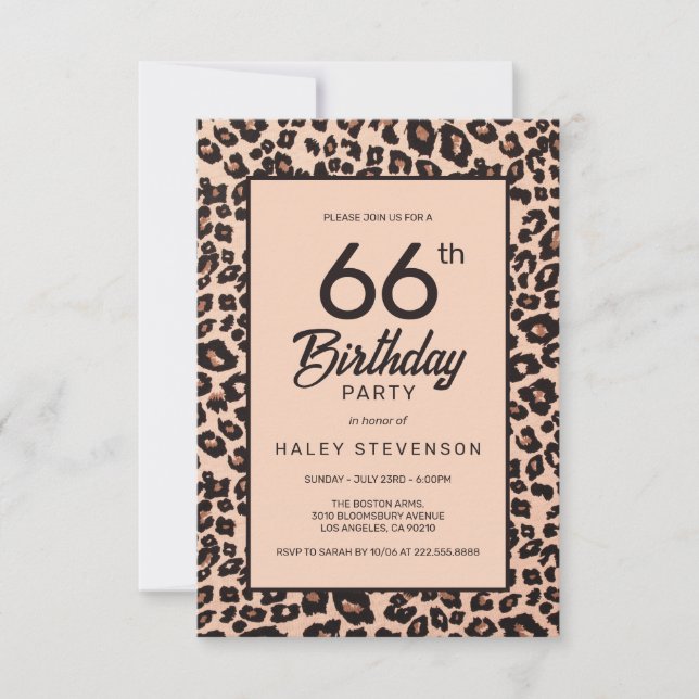Convite Na moda Leopard Animal Print Trendy 66th Birthday (Frente)