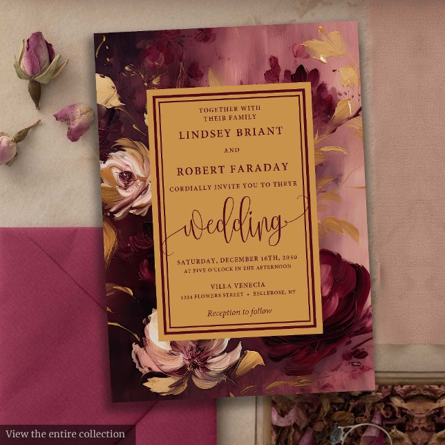 Convite Na moda Lux Merlot Blush Dourado Casamento Floral (Stylish Lux Merlot Blush Gold Floral Wedding Invitation)