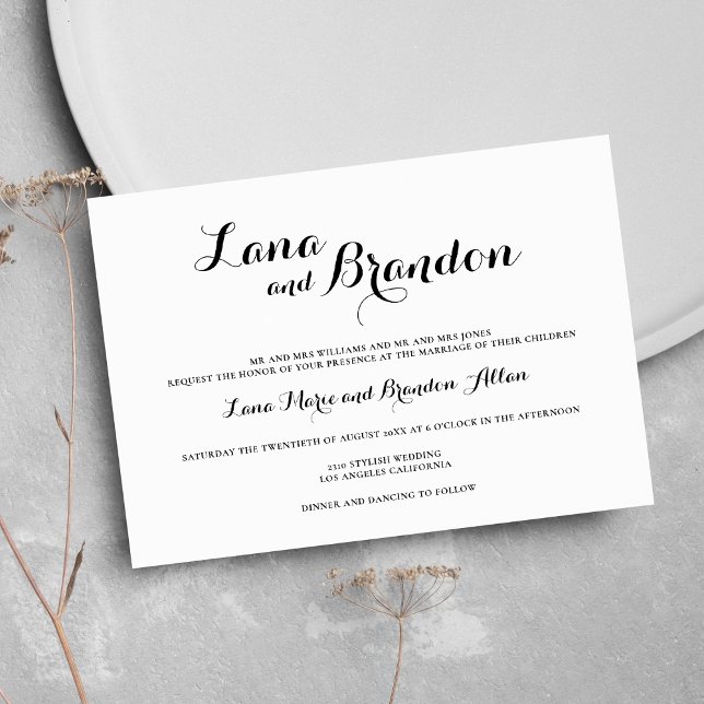Convite Na moda mínimo de script clássico casamento branco (Stylish minimal classic script black white wedding)