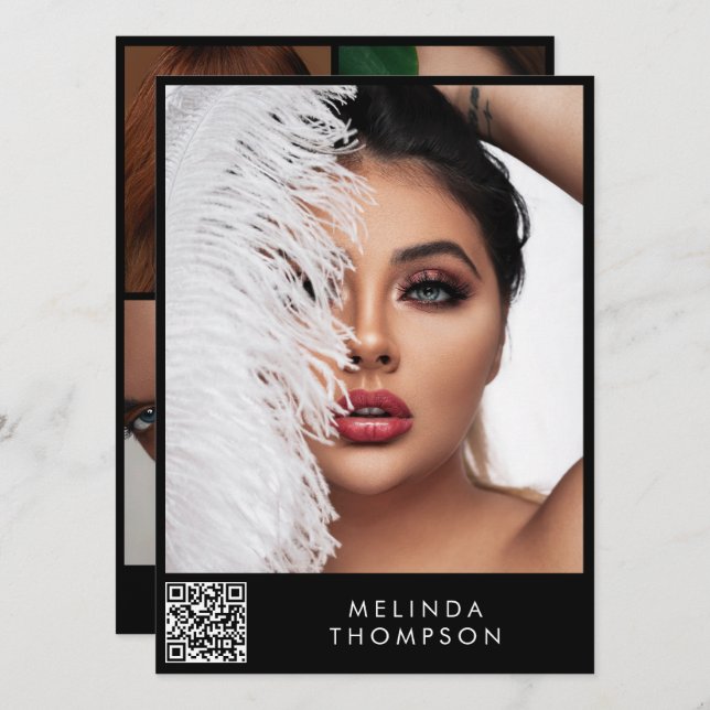 Convite Na moda Modelando a placa Comp 5 Photo QR Code Bla (Frente/Verso)