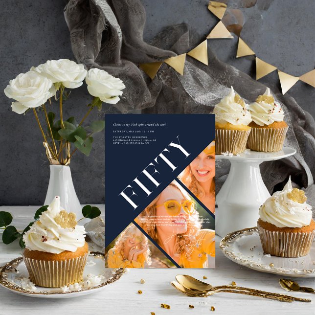 Convite Na moda Moderno 50 | 50º Aniversário 3 Foto (Criador carregado)