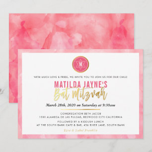 Convite NA MODA MONOGRAM BAT MITZVAH - coral - dourado