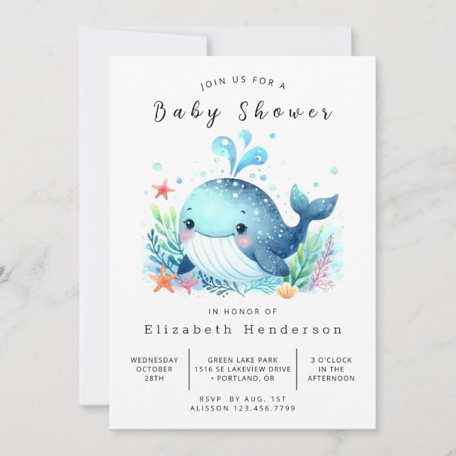 Convite Na moda Online Whale Chá de fraldas (Frente)
