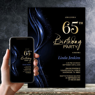 Convite Na moda preto e azul 65.a Festa de aniversário
