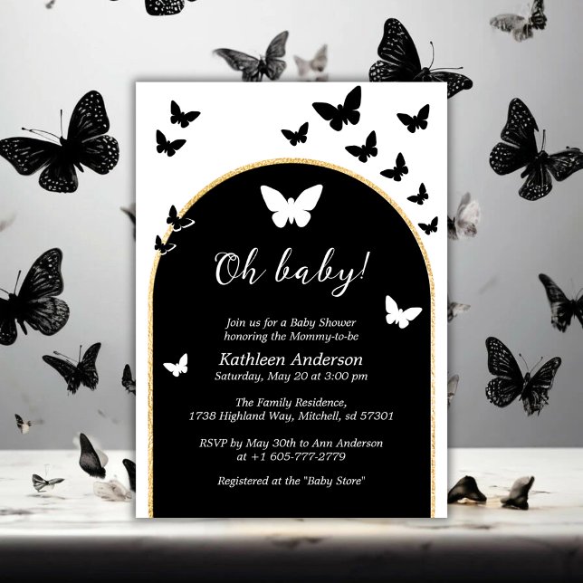 Convite Na moda, Preto E Branco, Chá de fraldas Neutro De  (Stylish Black And White Gender Neutral Baby Shower Invitation)
