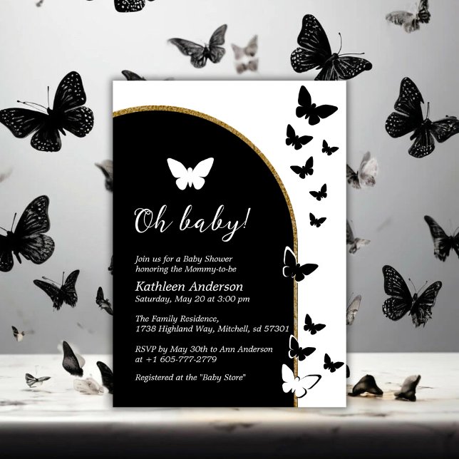 Convite Na moda, Preto E Branco, Chá de fraldas Neutro De  (Stylish Black And White Gender Neutral Baby Shower Invitation)