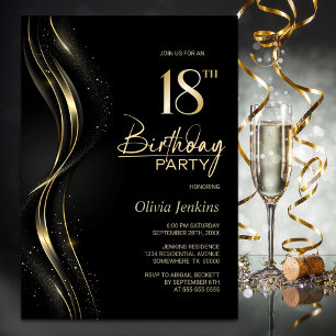 Convite Na moda preto e Dourado 18ª Festa de aniversário