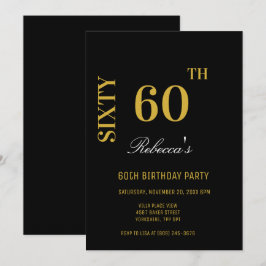Convite Na moda preto e Dourado 60.a Festa de aniversário