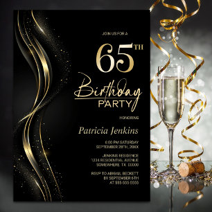 Convite Na moda preto e Dourado 65.a Festa de aniversário